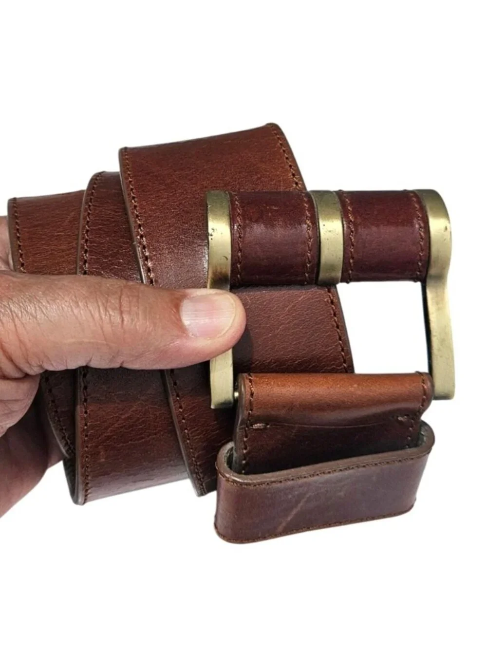 DKNY Donna Karan Wide Brown Leather Belt Brass Buckle Italy Sz L 31-36
